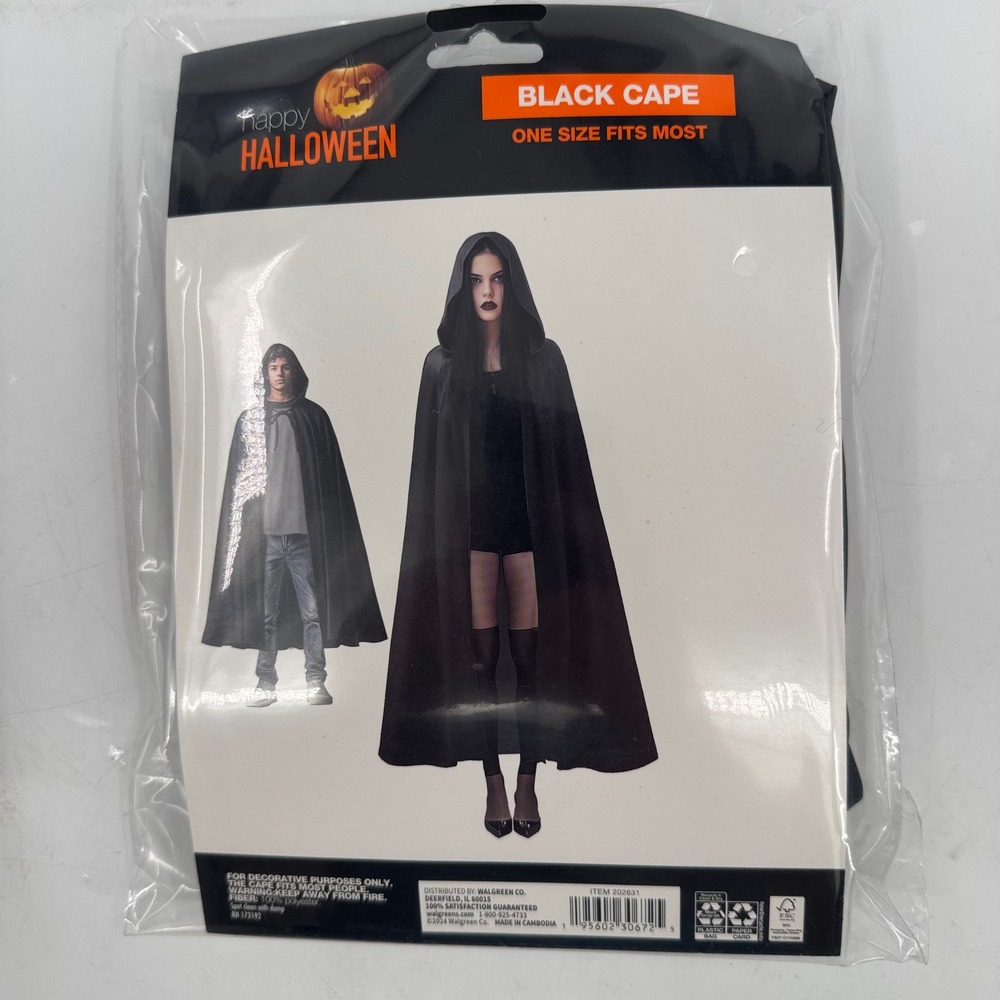 Happy Halloween Adult Black Hooded Cape One Size Fits Most Costume Cloak 202631